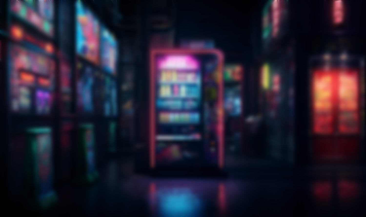 Ein neonbeleuchteter Snackautomat in dunkler Umgebung. Das gesamte Bild hat einen blurred Filter.